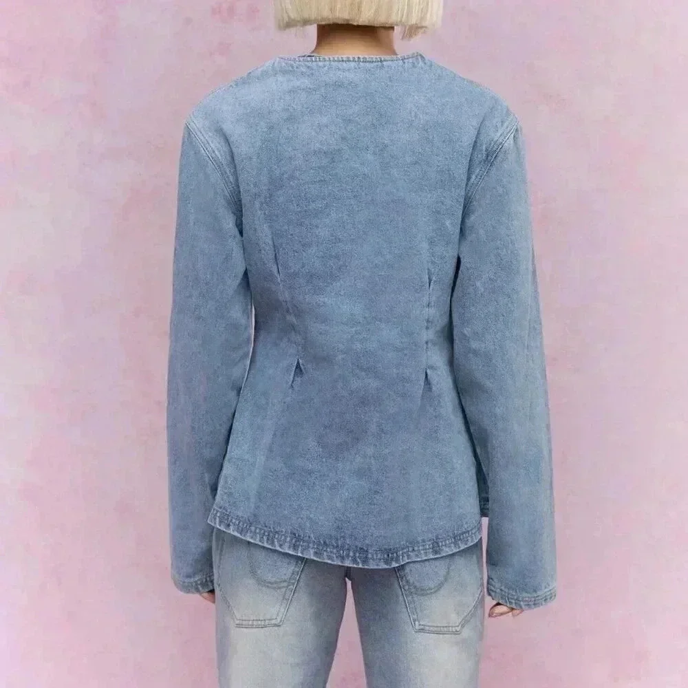 Blue Casual Women's Buttoned Round Collar Long Loose Sleeves Denim Jacket